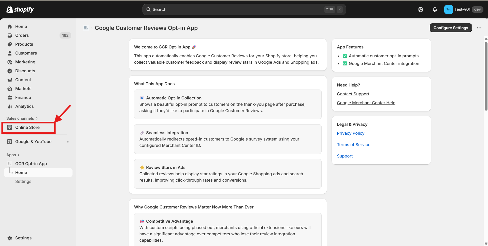 Shopify admin panel showing Online Store navigation